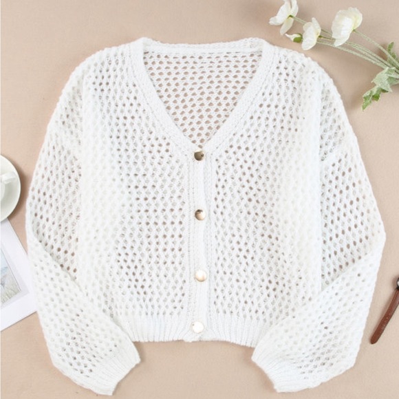 White Knit Dolman Sleeve Sweater Cardigan - Picture 2 of 14